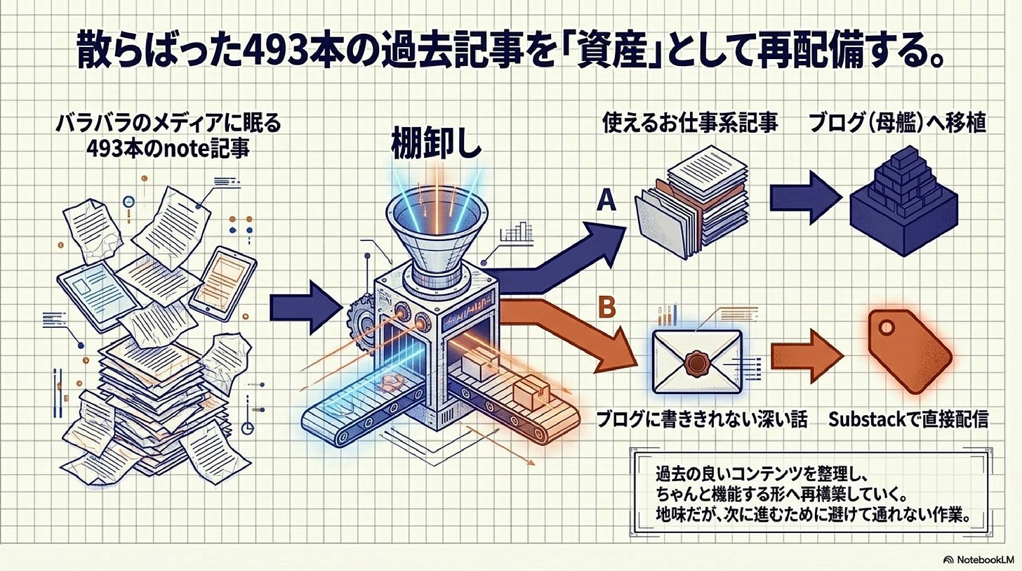 「散らばった493本の過去記事を『資産』として再配備する」と題したフロー図解。左側に「バラバラのメディアに眠る493本のnote記事」として散乱した書類のイラスト。中央の機械(棚卸し)を通って2つのルートに分岐。Aルート(紺色の矢印):「使えるお仕事系記事」→「ブログ(母艦)へ移植」。Bルート(オレンジの矢印):「ブログに書ききれない深い話」→「Substackで直接配信」。下部に「過去の良いコンテンツを整理し、ちゃんと機能する形へ再構築していく。地味だが、次に進むために避けて通れない作業。」と記載。 「散らばった493本の過去記事を『資産』として再配備する」と題したフロー図解。左側に「バラバラのメディアに眠る493本のnote記事」として散乱した書類のイラスト。中央の機械(棚卸し)を通って2つのルートに分岐。Aルート(紺色の矢印):「使えるお仕事系記事」→「ブログ(母艦)へ移植」。Bルート(オレンジの矢印):「ブログに書ききれない深い話」→「Substackで直接配信」。下部に「過去の良いコンテンツを整理し、ちゃんと機能する形へ再構築していく。地味だが、次に進むために避けて通れない作業。」と記載。