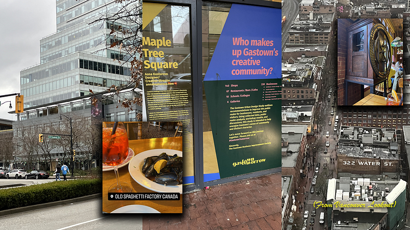 A mini-collage of pictures during my route/visit to Gastown with an overhead view of the Gastown from Vancouver Lookout