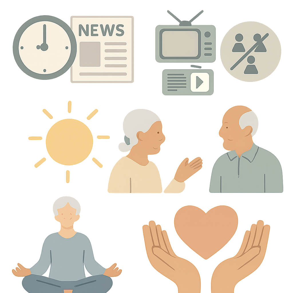 Wordless infographic for seniors on healthy news habits and well-being.