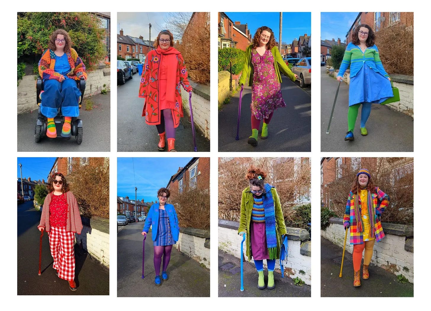 Grid of eight photos showing a person in a wheelchair and using walking aids wearing vibrant, colorful, and boldly patterned outfits while posing on residential streets. Each outfit features bright color combinations including blues, oranges, greens, purples, pinks, and reds with mixed patterns like stripes, checks, and florals.