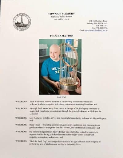 Sudbury Proclamation - be like zach day - Zach's Bridge