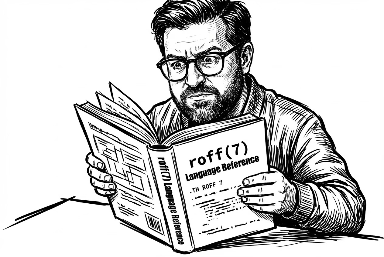 Black-and-white ink illustration of a bespectacled man reading a book titled "roff(7) Language Reference," with .TH ROFF 7 visible on the open page. Black-and-white ink illustration of a bespectacled man reading a book titled "roff(7) Language Reference," with .TH ROFF 7 visible on the open page.