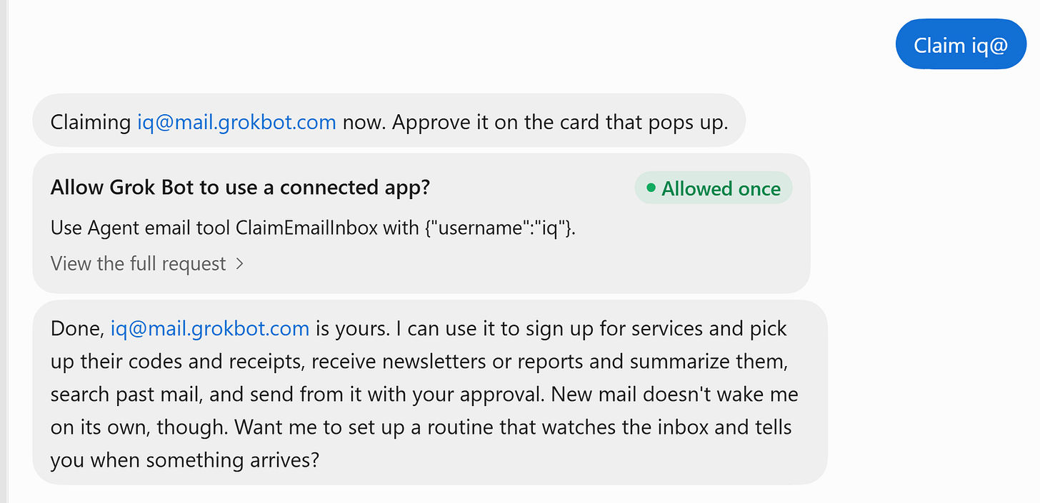 Asking a Grok Bot to claim an email address in the @mail.grokbot.com domain Asking a Grok Bot to claim an email address in the @mail.grokbot.com domain