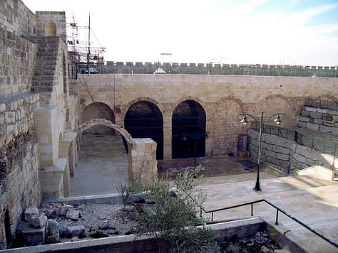 The mosque entrance (left), inside the mosque (center), the repair job on the Southern Wall (right)