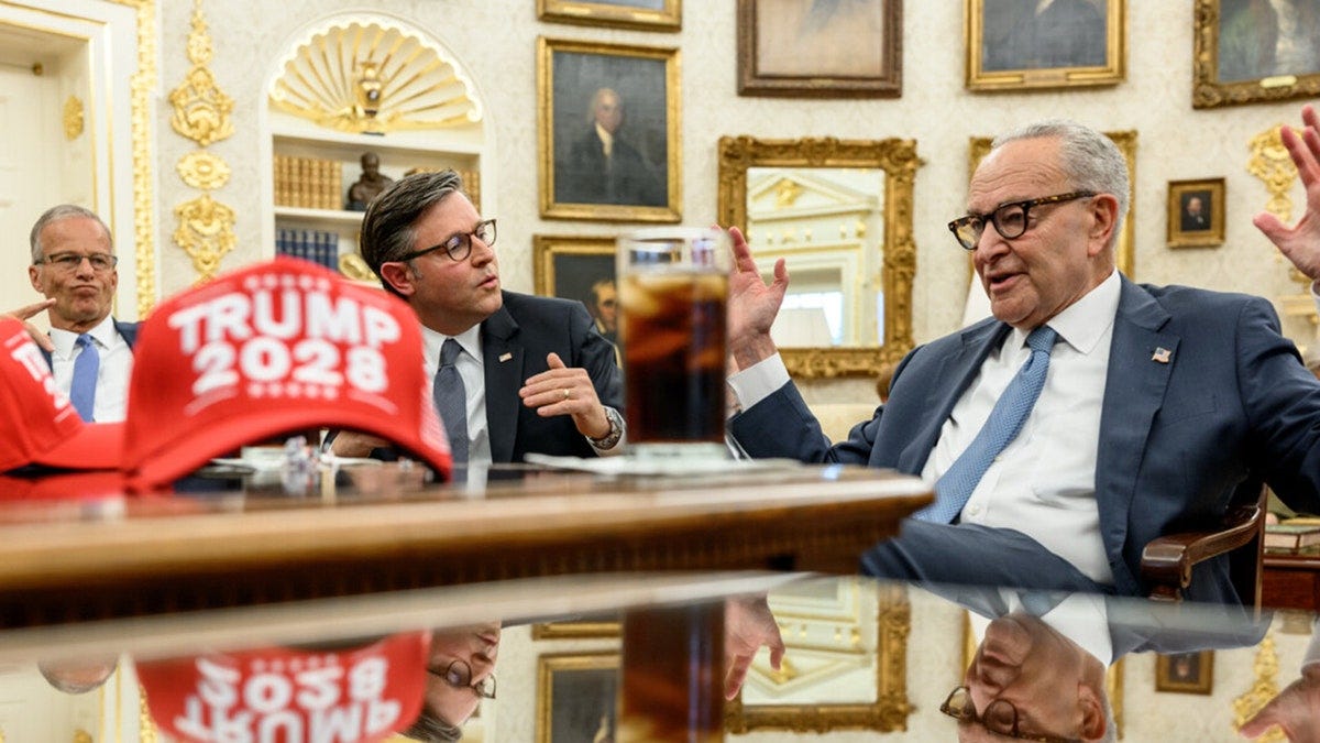 Trump 2028 hat on Oval Office table as Schumer and Jeffries meet with Trump