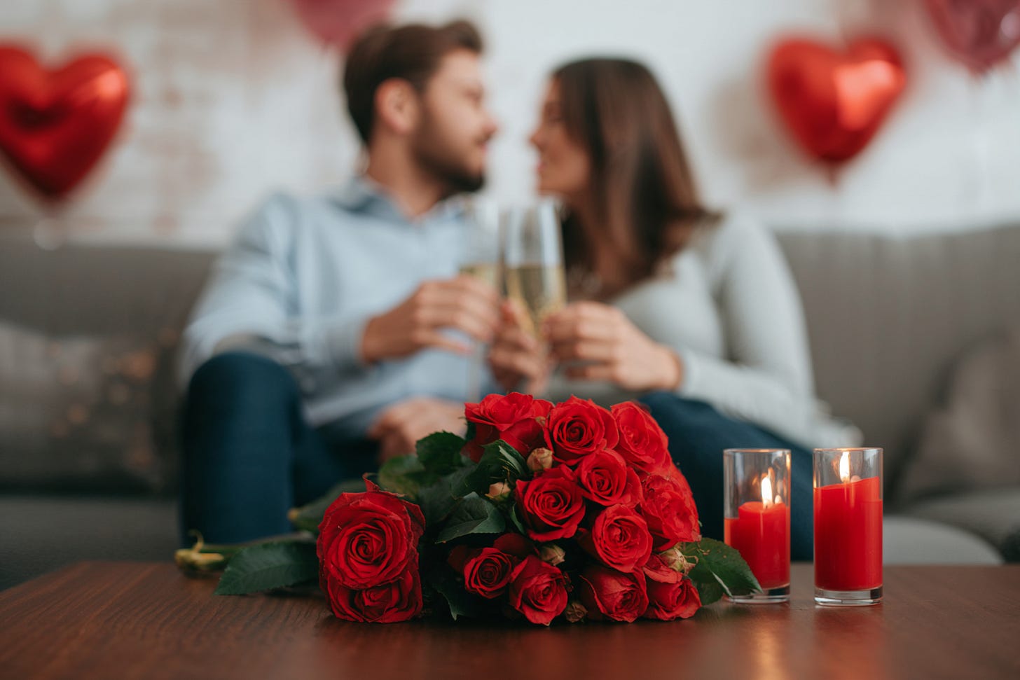 A romantic indoor scene focused on a wooden table in the foreground. On the table sits a large bouquet of deep red roses and two lit red candles in glass holders. In the soft-focus background, a man and a woman sit on a gray sofa, toast with glasses of champagne, and look at each other. Red heart-shaped balloons are visible on the wall behind them, creating a Valentine's Day or anniversary atmosphere. A romantic indoor scene focused on a wooden table in the foreground. On the table sits a large bouquet of deep red roses and two lit red candles in glass holders. In the soft-focus background, a man and a woman sit on a gray sofa, toast with glasses of champagne, and look at each other. Red heart-shaped balloons are visible on the wall behind them, creating a Valentine's Day or anniversary atmosphere.