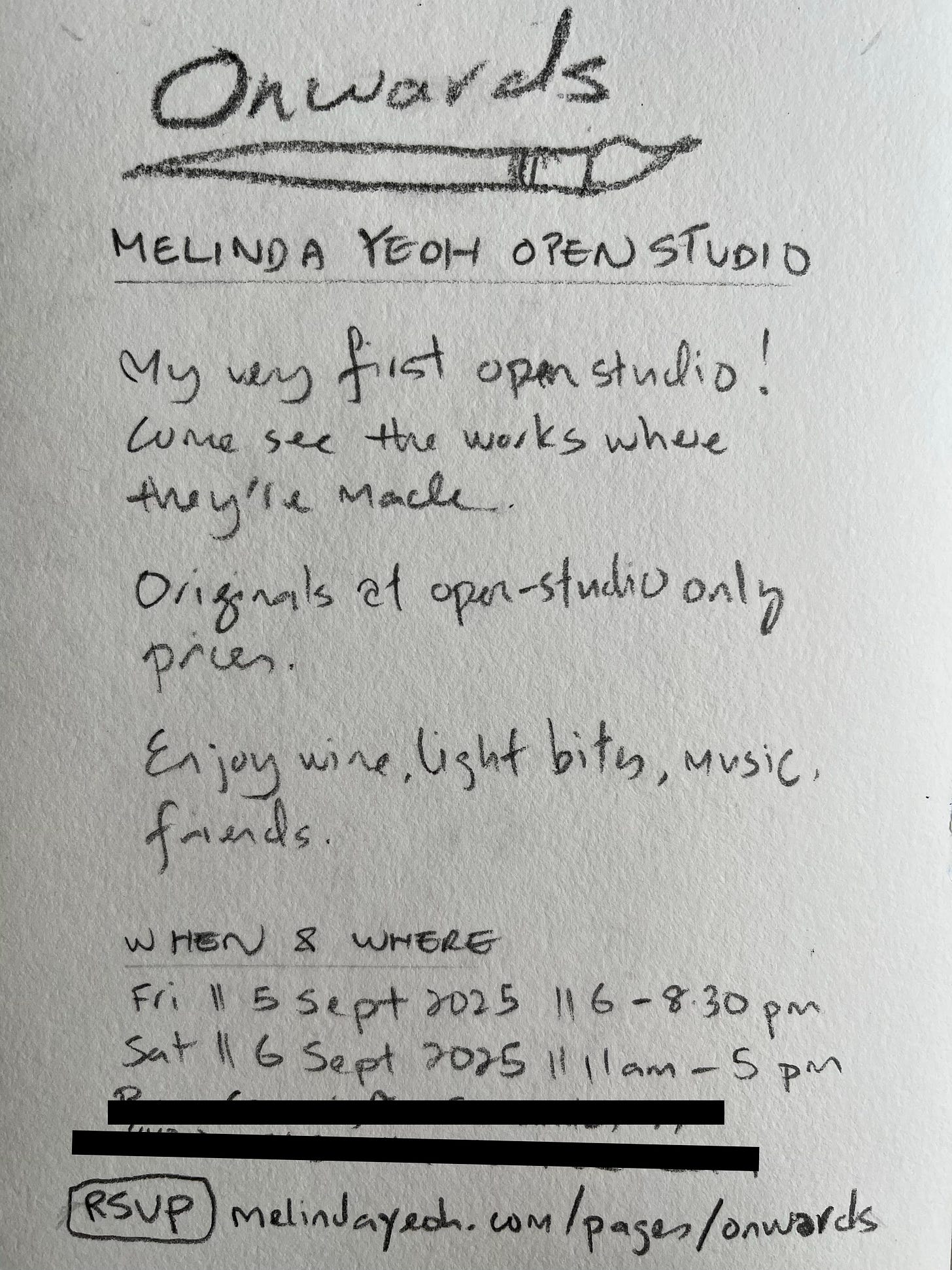 handwritten invitation to Melinda Yeoh Onwards 1st open studio