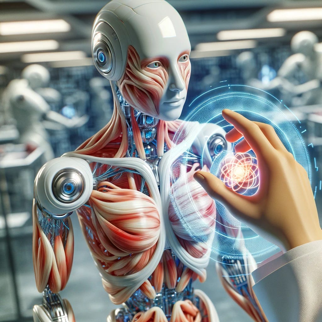 An image of a humanoid robot with soft, synthetic skin that resembles human tissue, showcasing advanced soft tissue robotics technology. The robot is interacting gently with a human hand, symbolizing the revolution in human-robot interaction in the 21st century. The background is a modern, futuristic laboratory setting, highlighting the cutting-edge of robotics research and development.