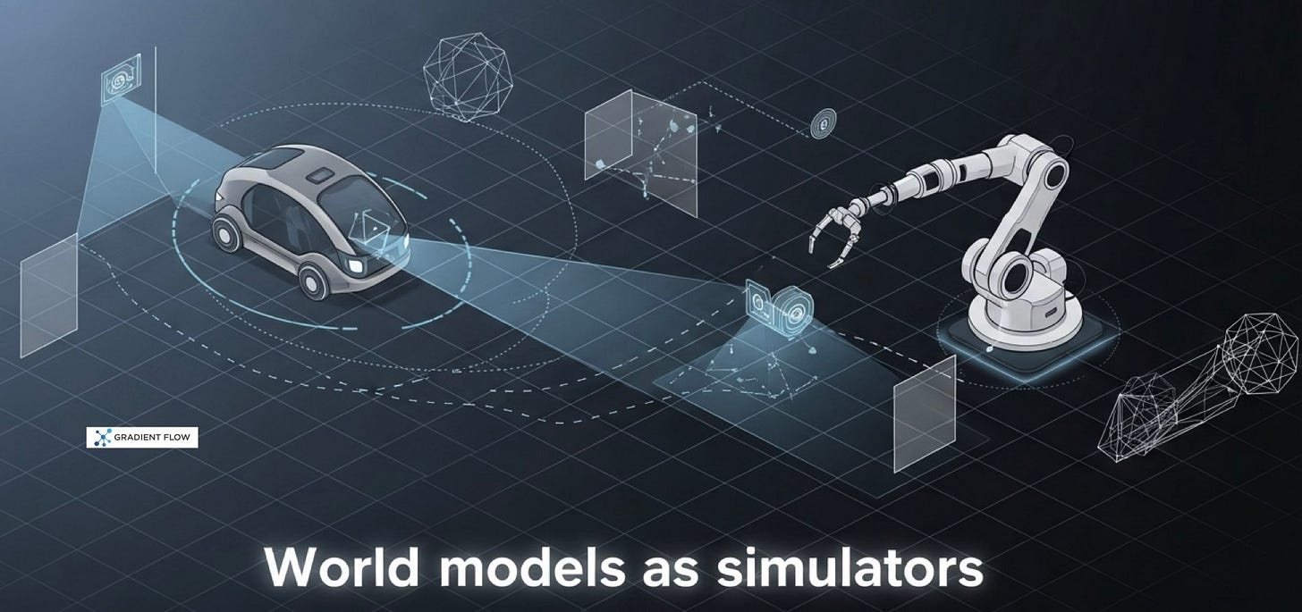 시뮬레이터로서의 월드 모델이 자율주행차와 로봇 팔에 적용되는 예시도이다.