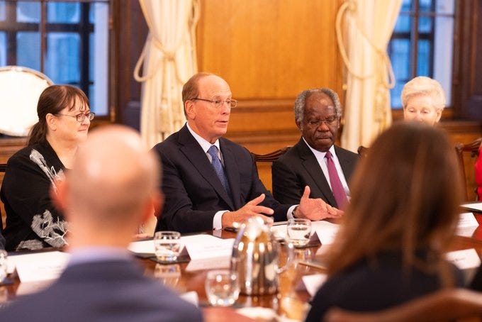 Prime Minister Keir Starmer hosts a Blackrock meeting along with Chancellor of the Exchequer Rachel Reeves and Blackrock founder and chief executive officer Larry Fink in 10 Downing Street.