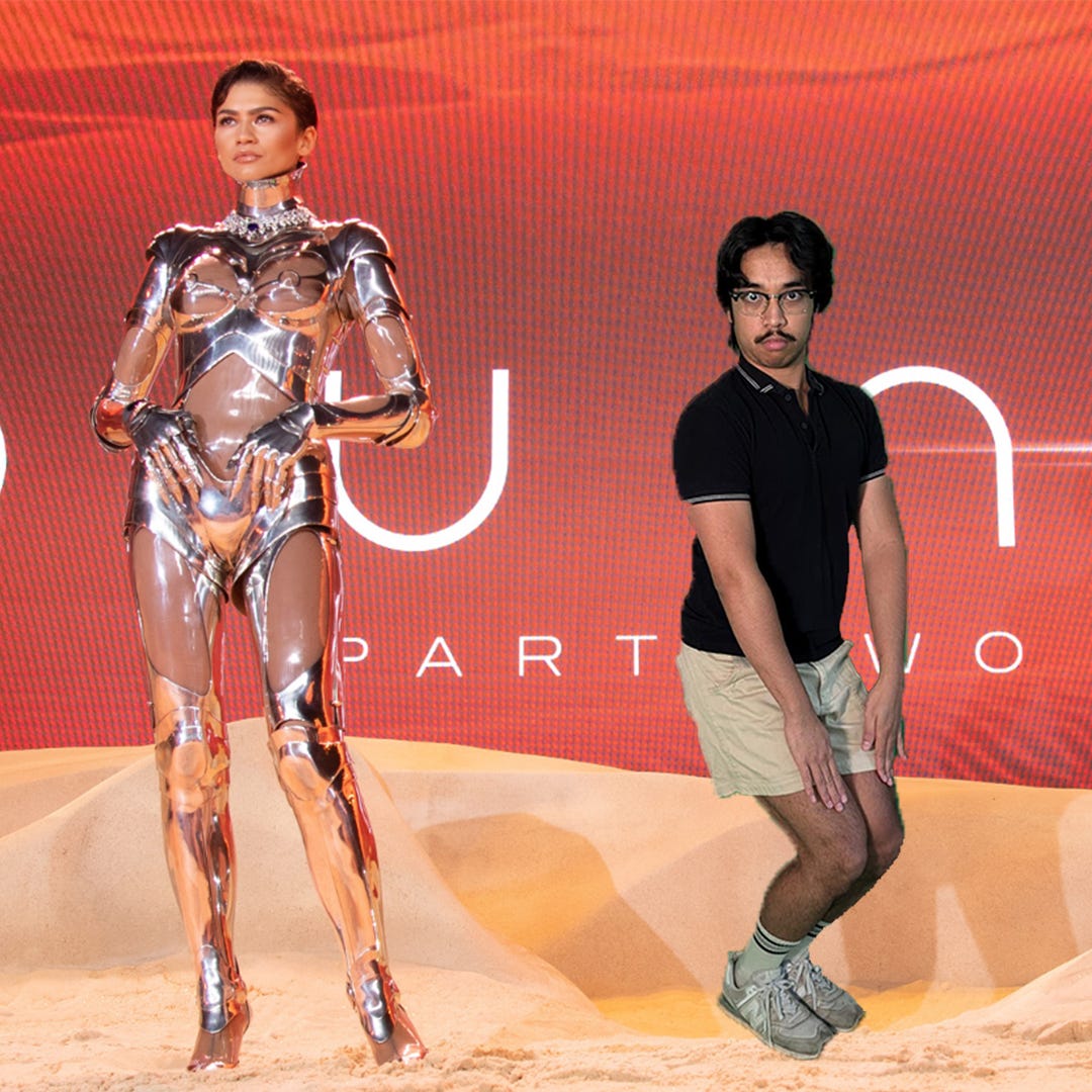 A photoshopped image featuring a photo of Zendaya from the press tour for Dune: Part Two. She is in a robotic suit standing atop sand. An image of me posing in a half-squat is photoshopped to her right.
