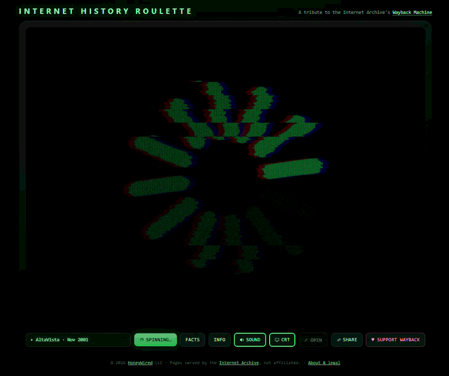 An animated GIF of the "Internet History Roulette" website, described as "A tribute to the Internet Archive's Wayback Machine." The dark-themed page shows a spinning loading animation styled with a retro CRT screen effect that eventually loads as the archived Mapquest webpage. An animated GIF of the "Internet History Roulette" website, described as "A tribute to the Internet Archive's Wayback Machine." The dark-themed page shows a spinning loading animation styled with a retro CRT screen effect that eventually loads as the archived Mapquest webpage.