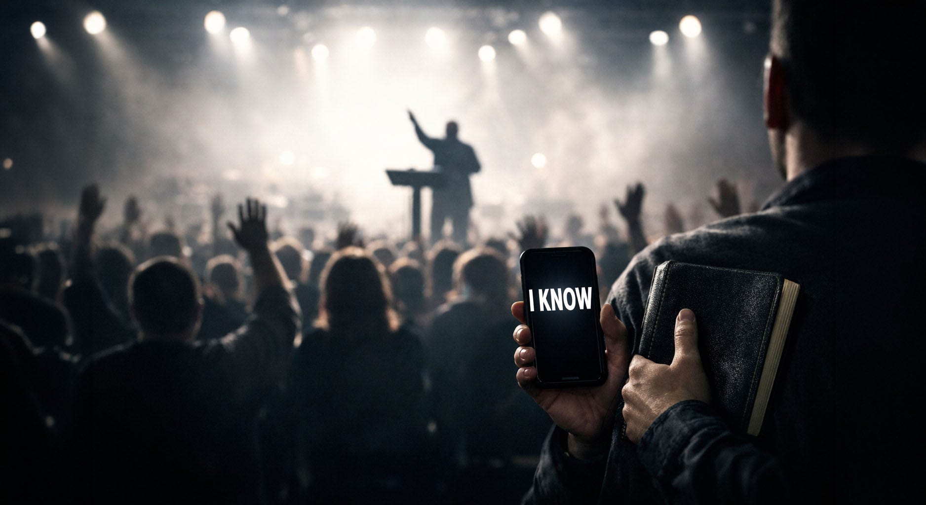 A crowded megachurch with raised hands and bright stage lights; in the foreground, a person holds a Bible and a glowing smartphone that reads “I KNOW,” while a preacher stands silhouetted on stage.