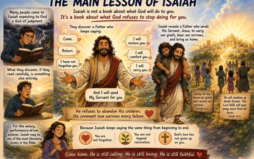 A loving Father welcomes weary people with open arms while Jesus carries the broken and leads them home, illustrating Isaiah's message of restoration, comfort, covenant love, and hope for those who feel forgotten. A loving Father welcomes weary people with open arms while Jesus carries the broken and leads them home, illustrating Isaiah's message of restoration, comfort, covenant love, and hope for those who feel forgotten.
