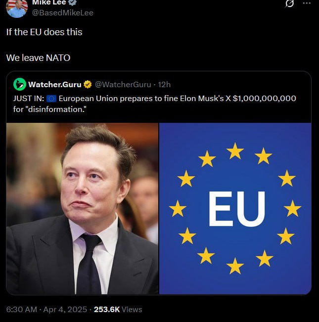 Οι ΗΠΑ θα αποχωρήσουν από το ΝΑΤΟ αν η ΕΕ επιβάλει πρόστιμο στο X, υποστηρίζει ο Γερουσιαστής Μάικ Λι