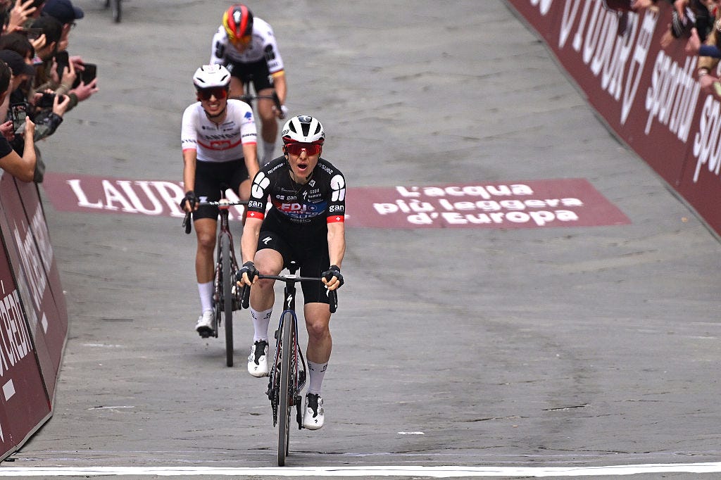 SIENA, ITALY - MARCH 07: Elise Chabbey of Switzerland and Team FDJ United - SUEZ celebrates at finish line as stage winner ahead of Kasia Niewiadoma of Poland and Team CANYON//SRAM zondacrypto during to the 12th Strade Bianche Donne 2026 a 133km one day race from Siena to Siena / #UCIWWT / on March 07, 2026 in Siena, Italy. (Photo by Luc Claessen/Getty Images)