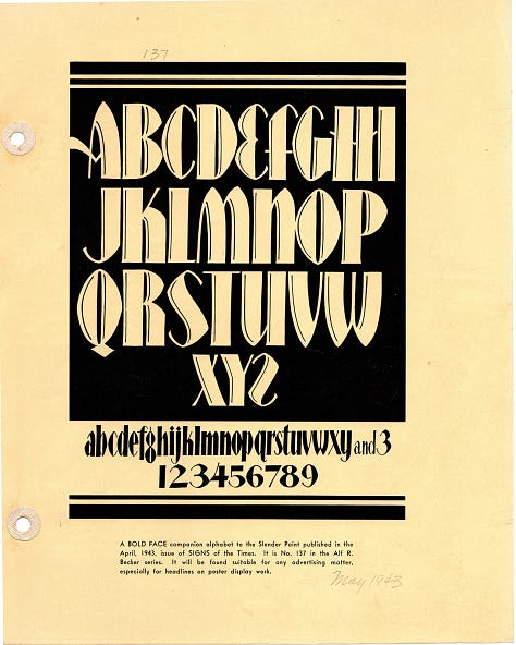 Scanned page from Signs of the Times, 1943 — Alf R. Becker's Alphabet No. 137, an Art Deco uppercase and lowercase with clean, confident letterforms suited for poster and display work.
