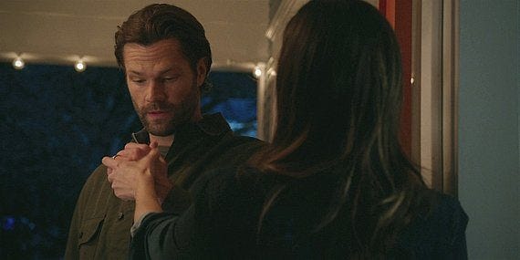 Cordell Walker nervously looking at Geri's hand on his. Cordell Walker nervously looking at Geri's hand on his.