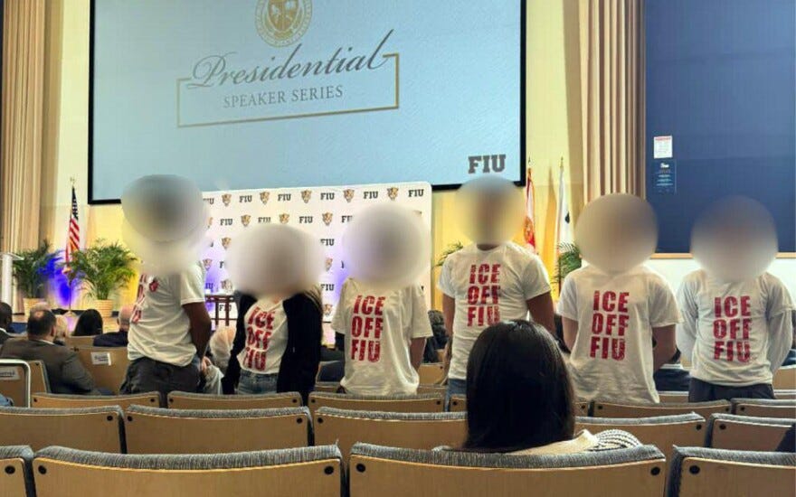 Six students face the camera in front of a stage. Their shirts read: ICE OFF FIU." Six students face the camera in front of a stage. Their shirts read: ICE OFF FIU."