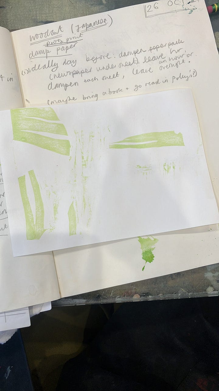 first image shows my green and pink abstract collage along with my tools, then next one a very faint first proof