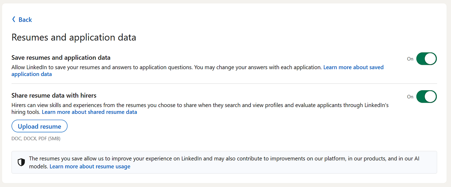 Resume and application data settings Resume and application data settings