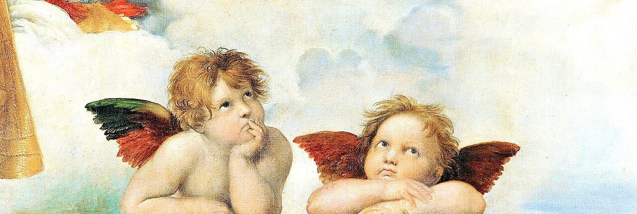 Two winged child angels lean on a ledge, gazing up with dreamy, slightly bored expressions Two winged child angels lean on a ledge, gazing up with dreamy, slightly bored expressions