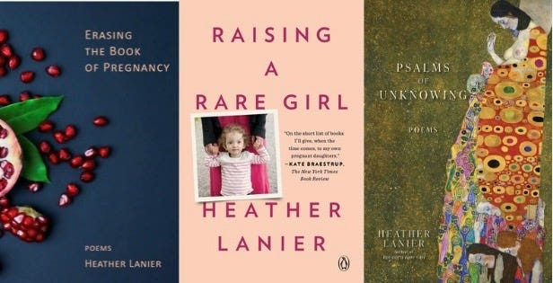 three book cover images stacked side by side; the first reads, Erasing the Book of Pregnacy and has a dark blue cover with cream lettering for the title, a cut open pomegranate and seeds scattered; the second book title is Raising a Rare Girl and has a cream cover with red lettering, an image of the author’s daughter staring at the camera, holding her hands up in her mother’s hands; the third book cover for Psalms of Unknowing has a textured field of muted olive green fills the left side; on the right, Gustav Klimt’s “Hope II” depicts a topless pregnant woman with closed eyes