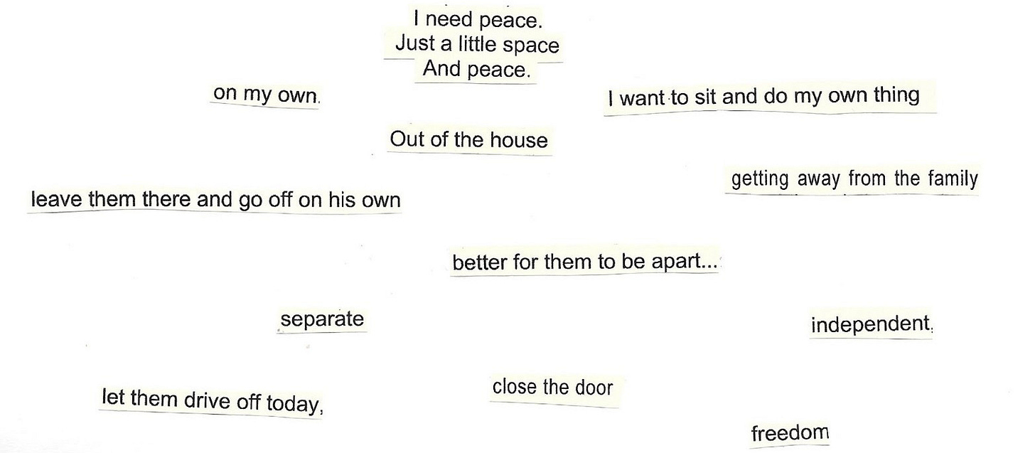 Image shows bits of text, sentences, phrases, words, cut out and stuck to the same piece of paper. In a more spaced out way, they read: I need peace. Just a little space. And peace. On my own. Out of the house. I want to sit and do my own thing. Leave them there and go off on his own. Getting away from the family. Better for them to be apart. Separate. Independent. Let them drive off today. Close the door. Freedom.