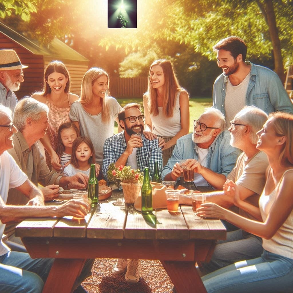 Family gathering for outdoor eating and drinking. Three generations. Wooden plank table and benches. Summer gathering.