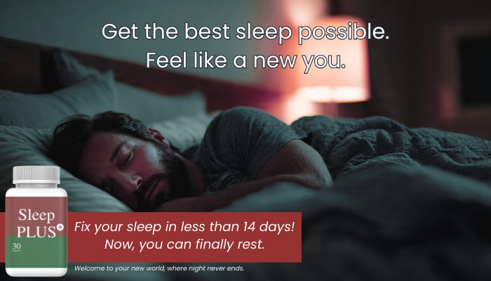 A staged sleep supplement advertisement showing a man asleep beside a bottle of sleep pills, promising guaranteed rest.