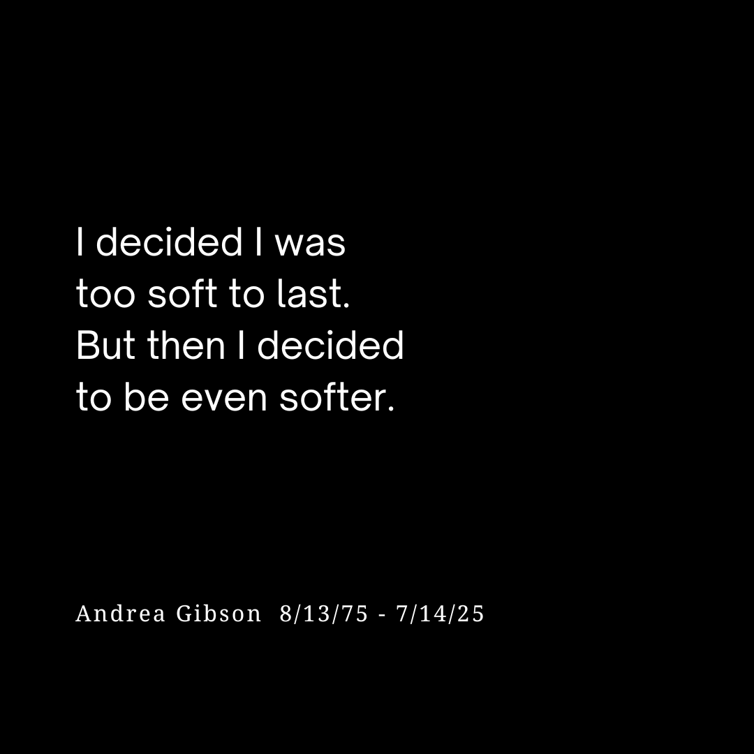 Quote 1: Let your heart break so your spirit doesn’t. -Andrea Gibson Quote 2: Sometimes the most healing thing we can do is remind ourselves— other people feel this too. -Andrea Gibson Quote 3: I decided I was too soft to last. But then I decided to be even softer. - Andrea Gibson Quote 4: There is no love in the universe that you are not worthy of. - Andrea Gibson Quote 1: Let your heart break so your spirit doesn’t. -Andrea Gibson Quote 2: Sometimes the most healing thing we can do is remind ourselves— other people feel this too. -Andrea Gibson Quote 3: I decided I was too soft to last. But then I decided to be even softer. - Andrea Gibson Quote 4: There is no love in the universe that you are not worthy of. - Andrea Gibson