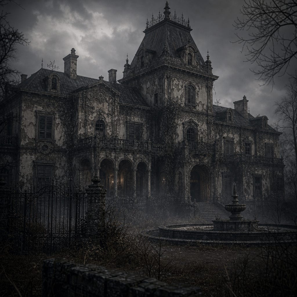 Vallakovich Mansion in Vallaki, looming Barovian manor with cracked plaster, sagging shutters, overgrown grounds, mist curling around decayed walls, atmosphere of faded authority and quiet dread Vallakovich Mansion in Vallaki, looming Barovian manor with cracked plaster, sagging shutters, overgrown grounds, mist curling around decayed walls, atmosphere of faded authority and quiet dread