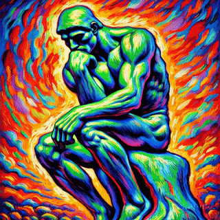 A vibrant, colorful depiction of a contemplative figure sitting on a rock, with a swirling abstract background in shades of red, orange, and blue.