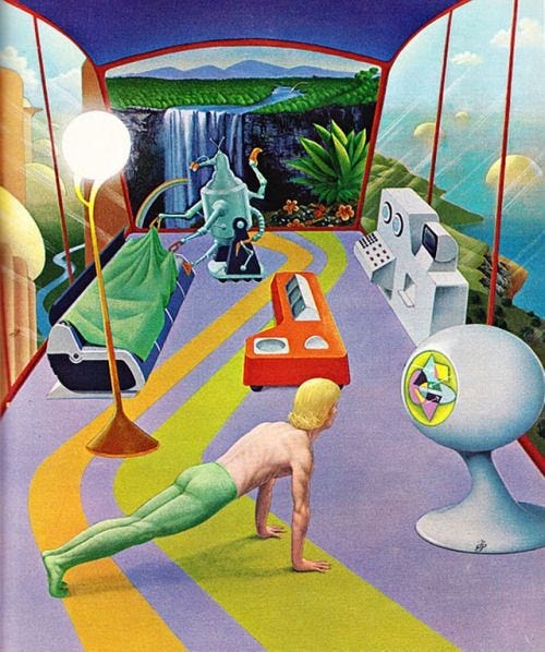 Ilustração provavelmente dos anos 70, retratando o interior de um apartamento futurista, bem colorido, janelas enormes e em uma das paredes um mural de uma cachoeira, arco-íris e flores. Um robô de vários braços arruma a cama e limpa a parede, há uma mesa de centro com várias telas e, diante dela, algo que parece um computador. O personagem é um homem loiro de cabelo chanel e calça verde bem apertada fazendo flexões diante de uma tv redonda exibindo gráficos coloridos