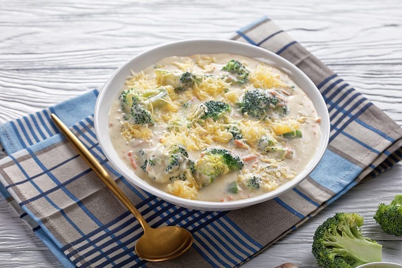 Broccoli soup, decked with other veggies and garnishes