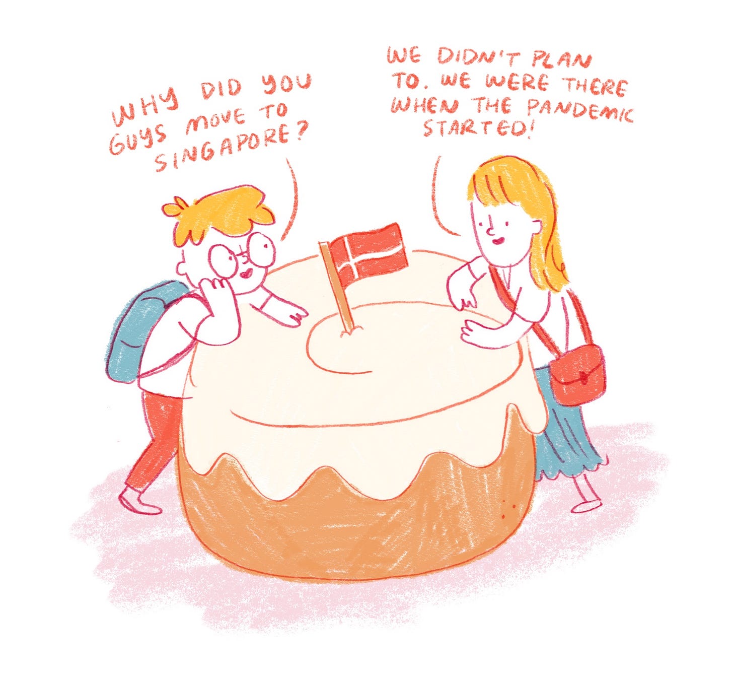 Drawing of two people leaning up against a giant cinnamon bun with a little Danish flag sticking out. First person asks, "Why did you guys move to Singapore?" Second person says, "We didn't plan to. We were there when the pandemic started!"