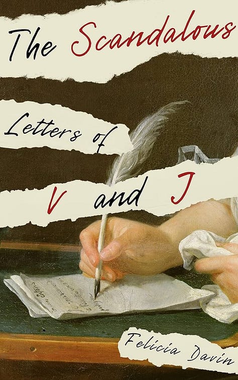 The covers of the three books mentioned in the earlier paragraph. "Glorious Exploits" has a large Greek-style amphora with two small human figures at the bottom of the amphora. One of them rests an arm against the amphora, and one leans his back against it. "The Scandalous Letters of V and J" has an oil-painting-style image of a pair of white hands holding a quill pen and writing on some paper. "The Lavender Blade" hes a stylized purple castle at the bottom, and then purple clouds of fabric and light blue jellyfish on a black background.