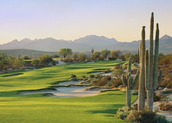 This may contain: a golf course surrounded by cacti and mountains This may contain: a golf course surrounded by cacti and mountains