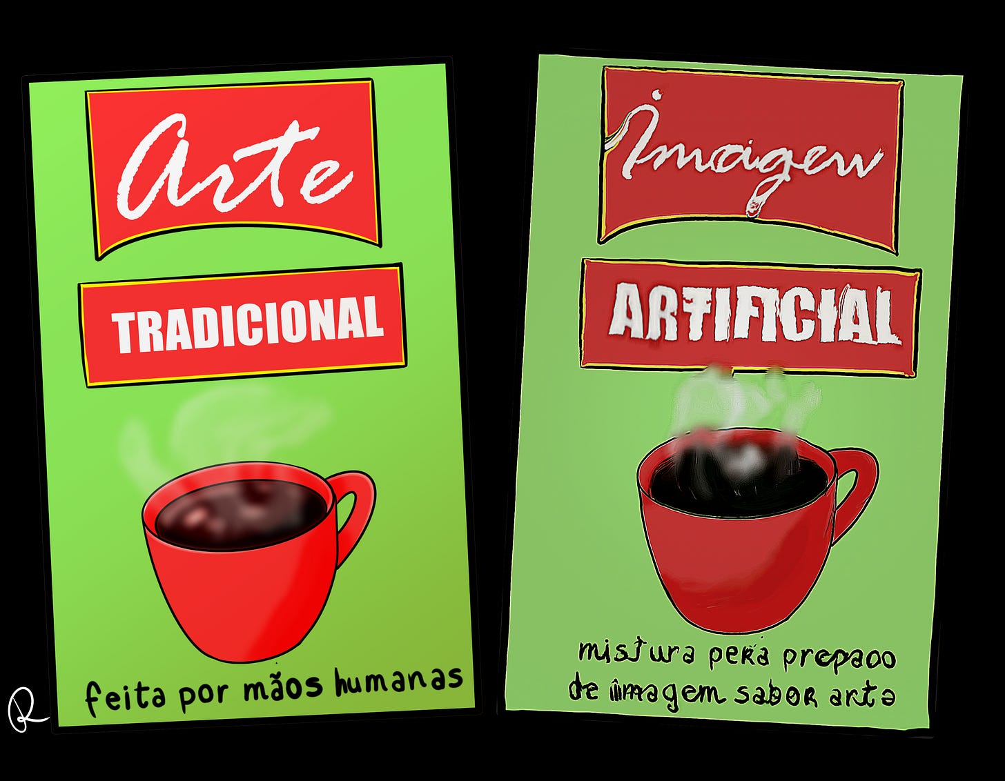 Desenho digital que mostra duas supostas embalagens de café, com fundo verde e uma xícara vermelha, com café quente, saindo vapor. Na primeira lê-se: Arte tradicional feita por mãos humanas. Na segunda, na imagem distorcida, com letras pouco legíveis lê-se: Imagem artificial mistura para preparo de imagem sabor arte.