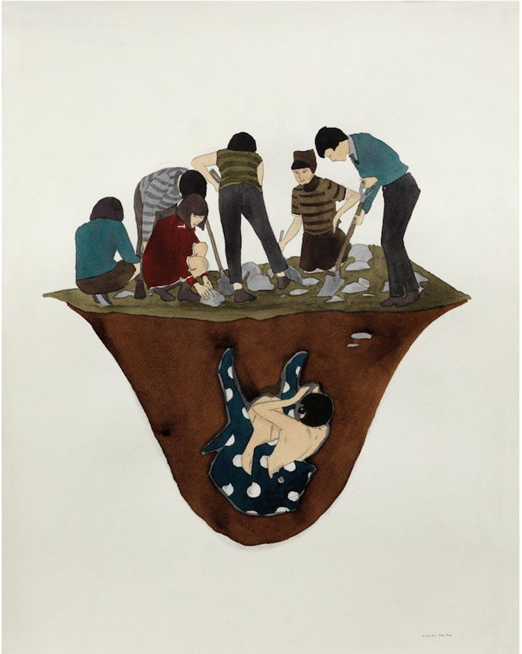 An ink and gouache drawing by Marcel Dzama titled "A Birth from the Grave." Six people dig into the ground. Beneath where they dig, there is a person with their back to us, squished in a small cavern. The person is naked and appears to be digging toward the surface.