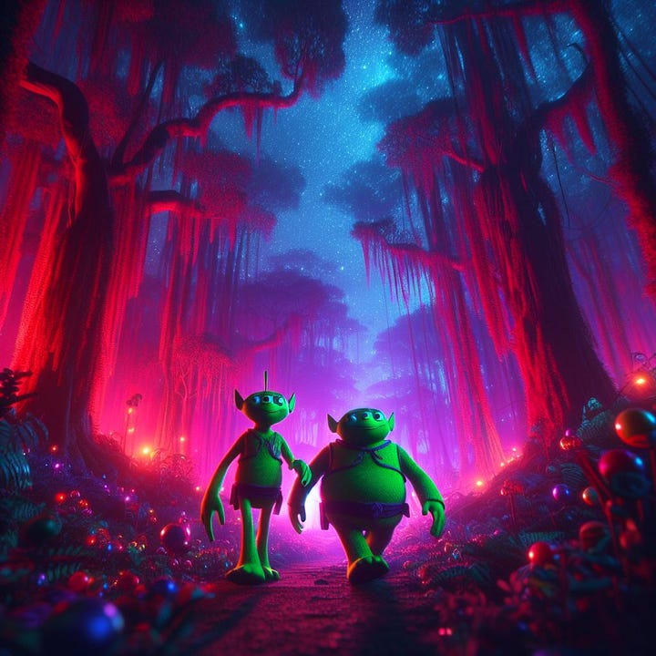 Create an image of two green men walking through enchanted forest at night in the style of pixar movies with red and purple color scheme