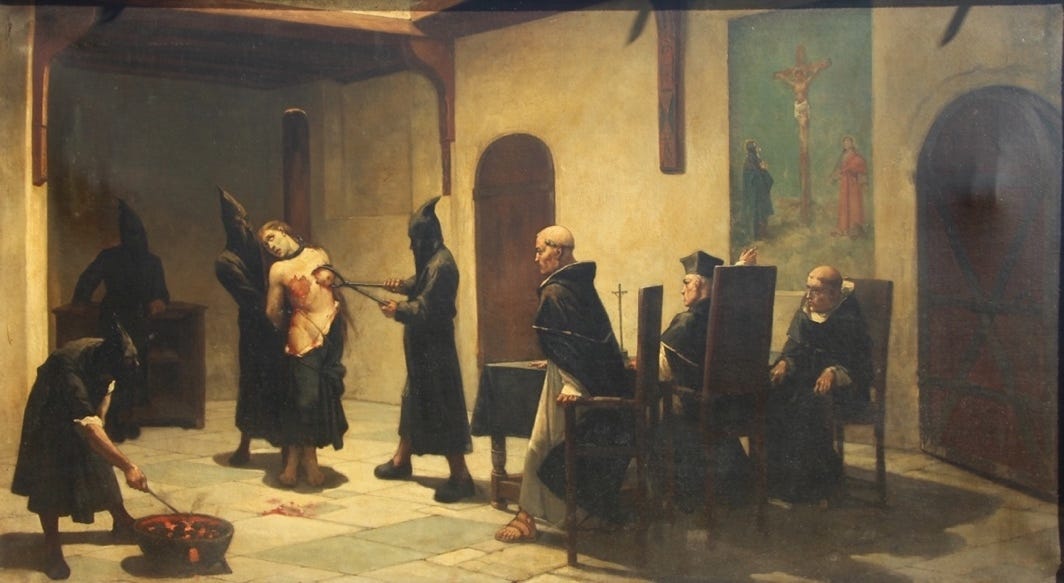 Artwork by Continental School, 19th Century, Inquisition Scene (Torture Scene), Made of Oil on canvas