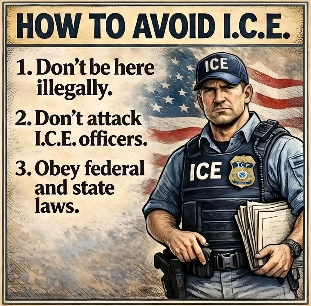 May be an image of text that says 'ANA HOW To AVOID I.C.E. ICE 1. Don'tbe here illegally. 2. Don't attack I.C.E. I.C.E.officers. 3. Obey federal and state laws. ICE ICE'
