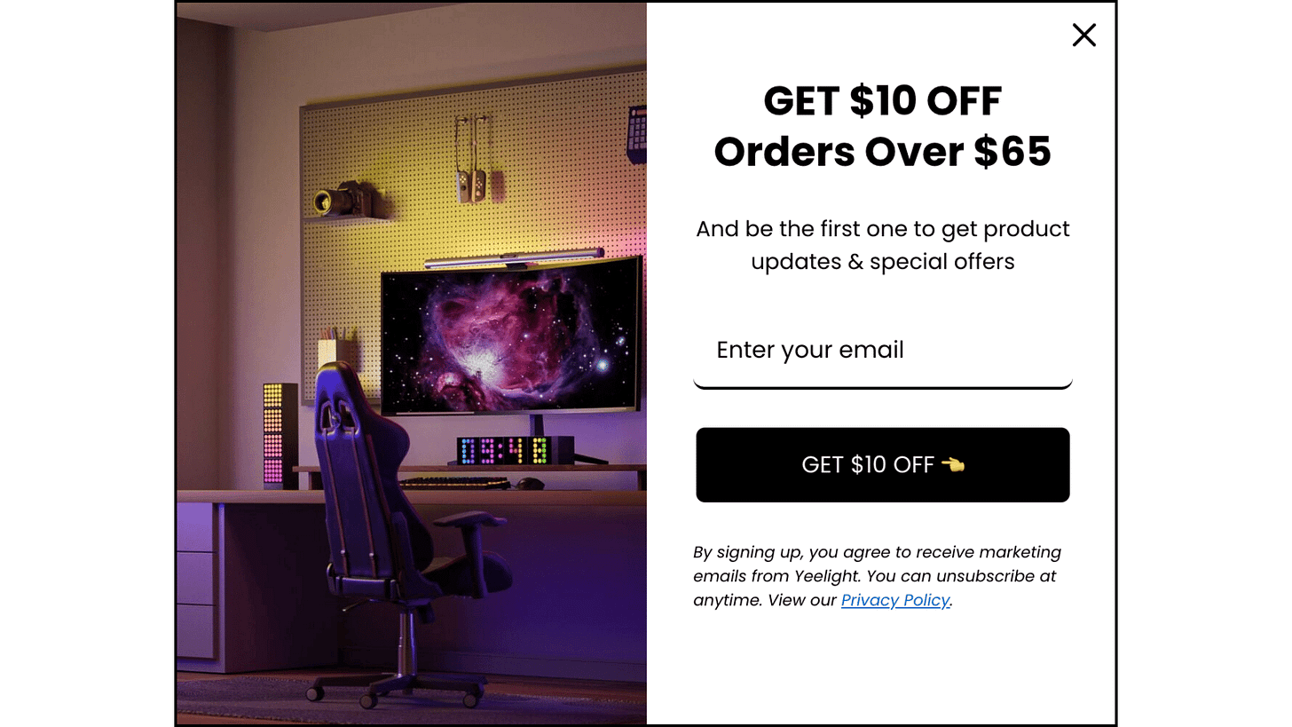 Original Yeelight popup with GET $10 OFF Orders Over $65 headline and GET $10 OFF pointing hand CTA