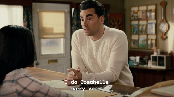Schitt’s Creek Turkey Shoot. David and Stevie at the motel. David Rose to Stevie Budd captioned “I could not be more at one with nature. I do Coachella every year.”