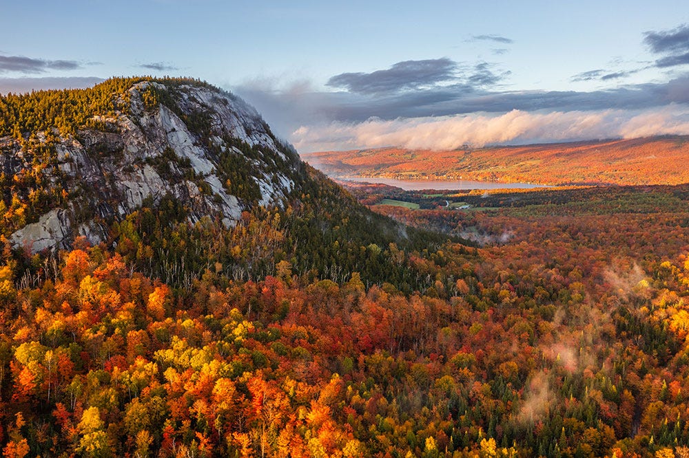  A mountain stands tall as trees surrounding it pop in yellow, orange, and red foliage colors. A lake appears in the background.
