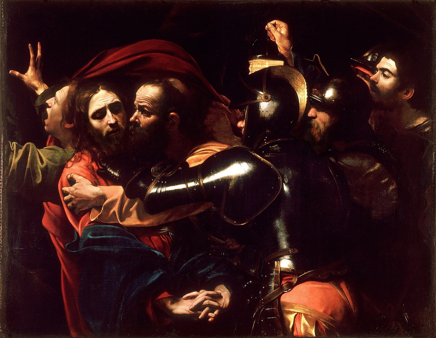 Judas kisses Christ at night while a man at the right lifts a lantern above the soldiers' helmets Judas kisses Christ at night while a man at the right lifts a lantern above the soldiers' helmets