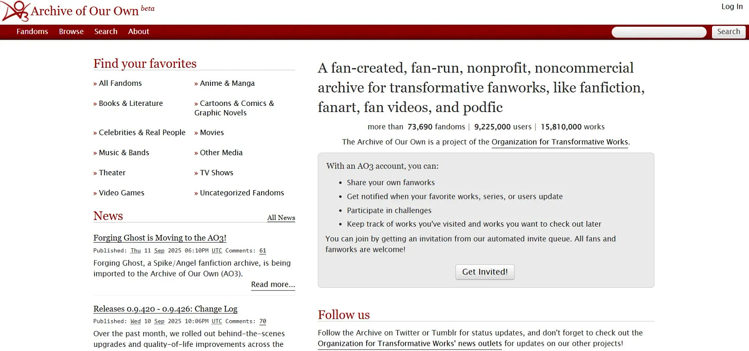 Página principal de Ao3. Captura de pantalla.
