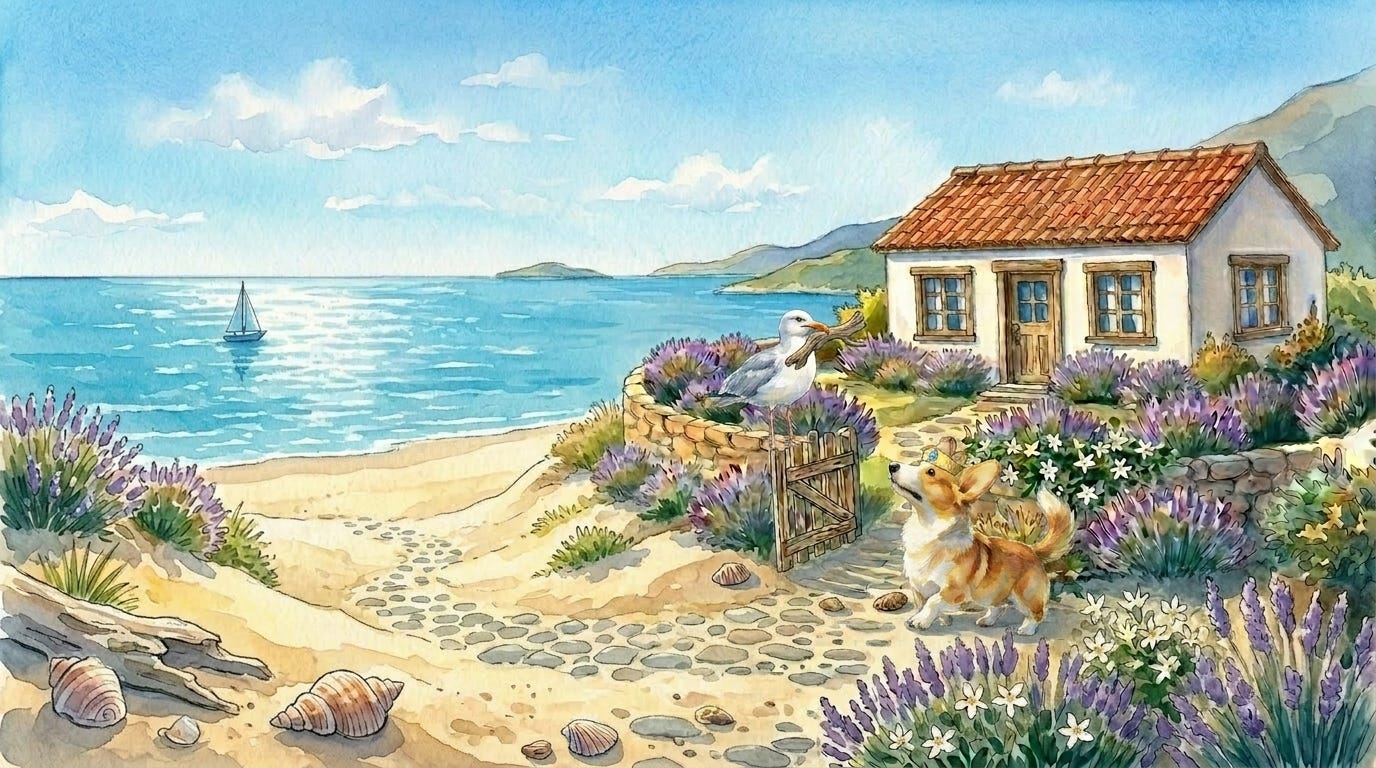 Prince Freddie runs uphill above the Spanish coast on his way to the seagull parliament — bedtime sleep story scene.