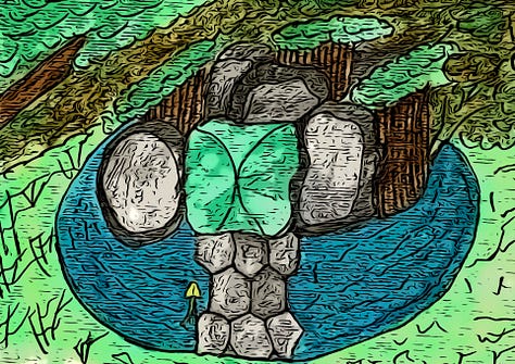 A fort within the center of a pond within a forest.